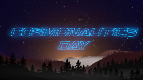 cosmonautics day neon sign glowing against starry night sky