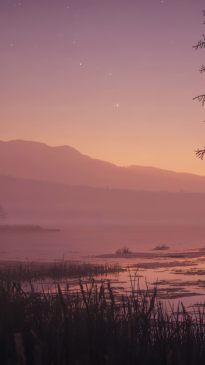 Vertical video: Capturing cam holding shot at marsh to record dusk, showing reeds, water and ridges