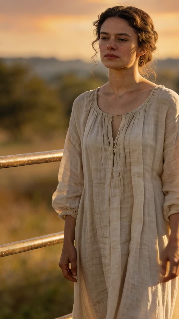 Video verticale: Donna in piedi in abito color crema, che sposta lo sguardo vicino a un cancello in un campo, con la luce del sole che attira l'attenzione.
