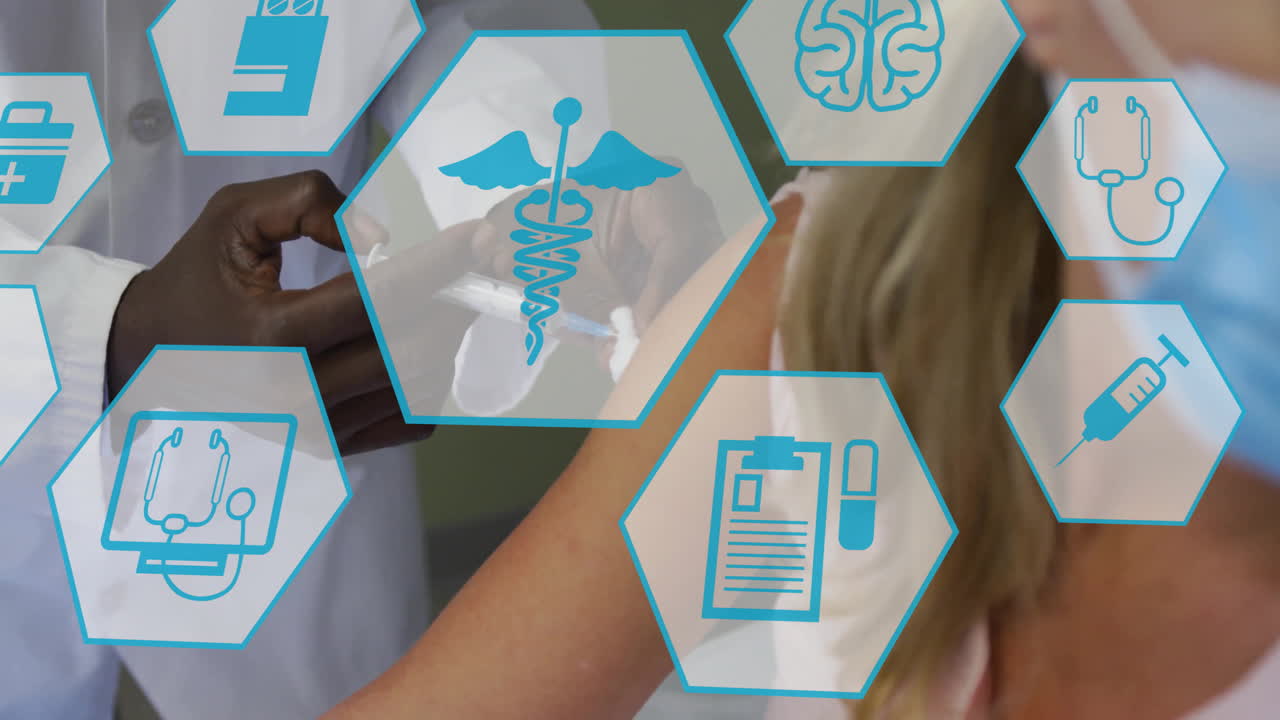 Animation of medical icons over african american doctor taking vaccine caucasian female patient