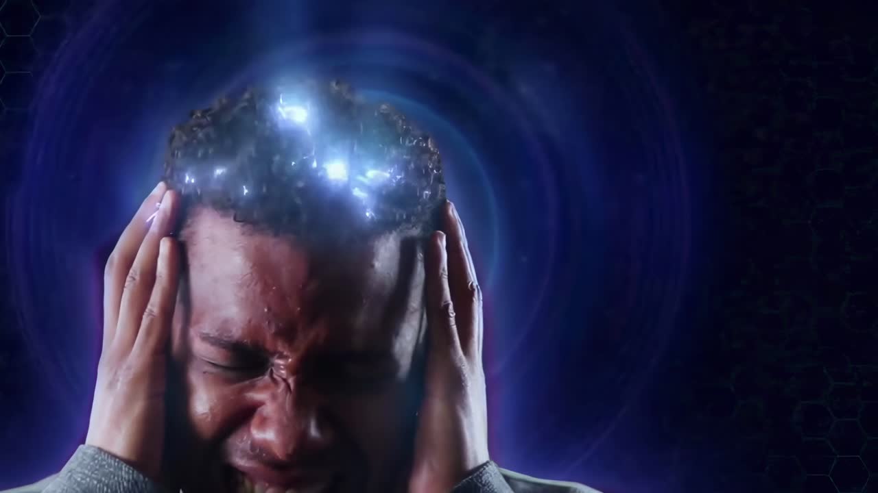 Video ravvicinato di una persona che si tiene la testa, con effetti luminosi che simboleggiano un'intensa concentrazione.