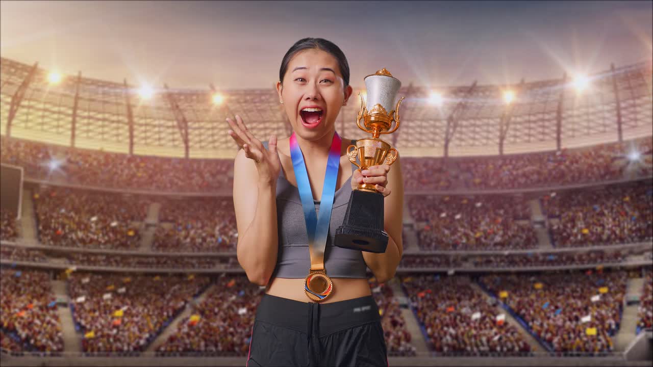 Woman Celebrating Victory with Trophy and Medal in Stadium