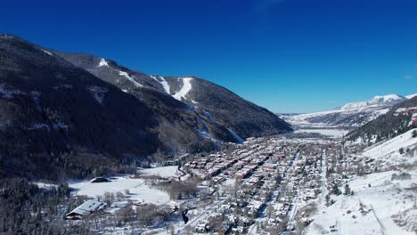 drone aerial view of telluride, colorado with blue skies in the winter