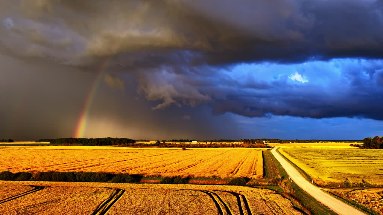 A stunning aerial reveal shot captures a vibrant rainbow against dark storm clouds, with bright sunlight illuminating the golden yellow agricultural fields below