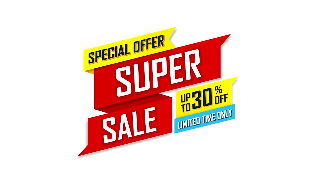 30%까지 할인된 슈퍼 세일 스페셜 배너, 세일 프로모션 배너, 스페셜 오퍼 스티커, 핫 세일 캠페인 가격표, 할인 클리어링, 빅 세일 온라인 쇼핑, 모션 4k 영상