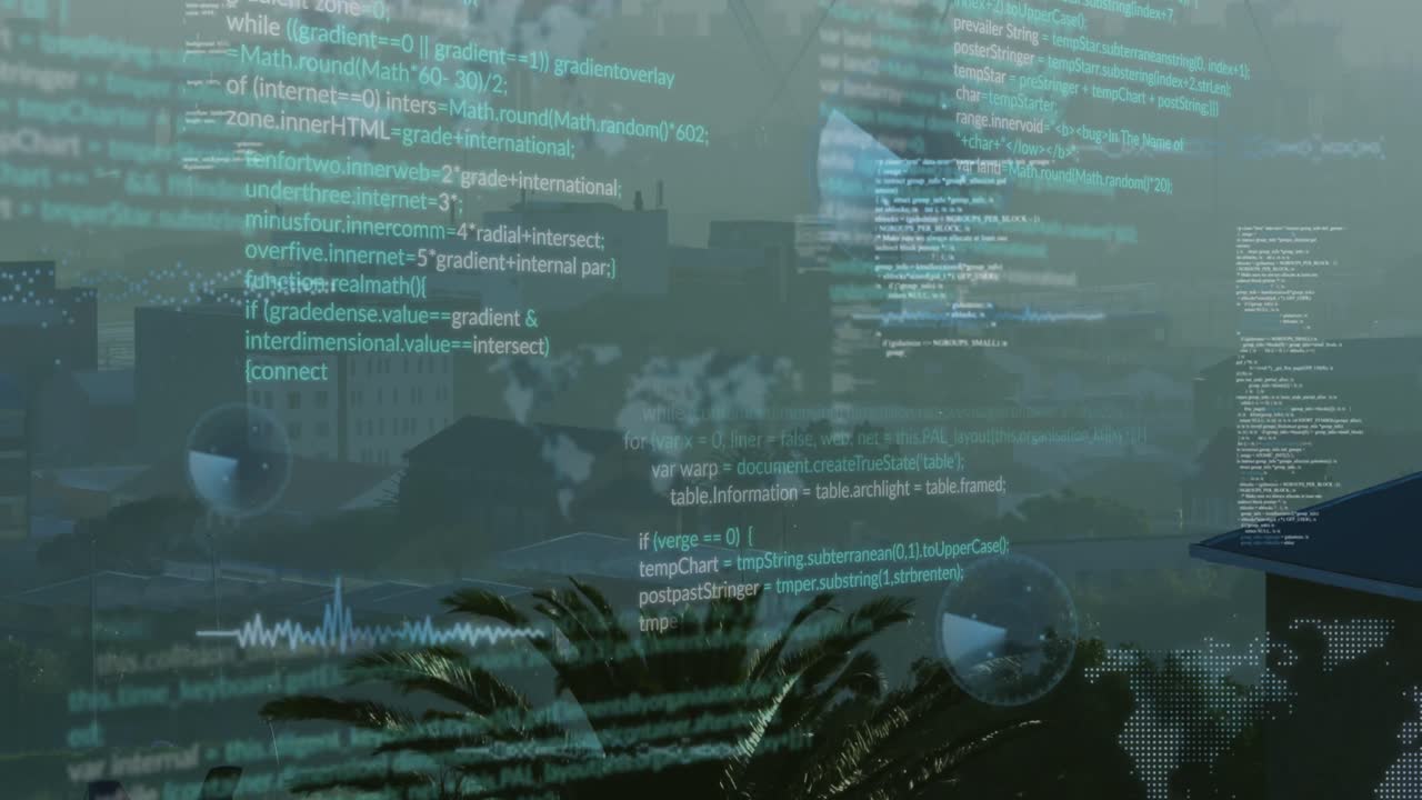 animación del procesamiento de datos frente a una vista aérea del paisaje urbano