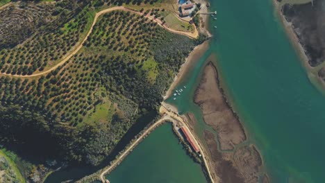 Topdown-aerial-over-a-fish-farm-off-a-river-shoreline