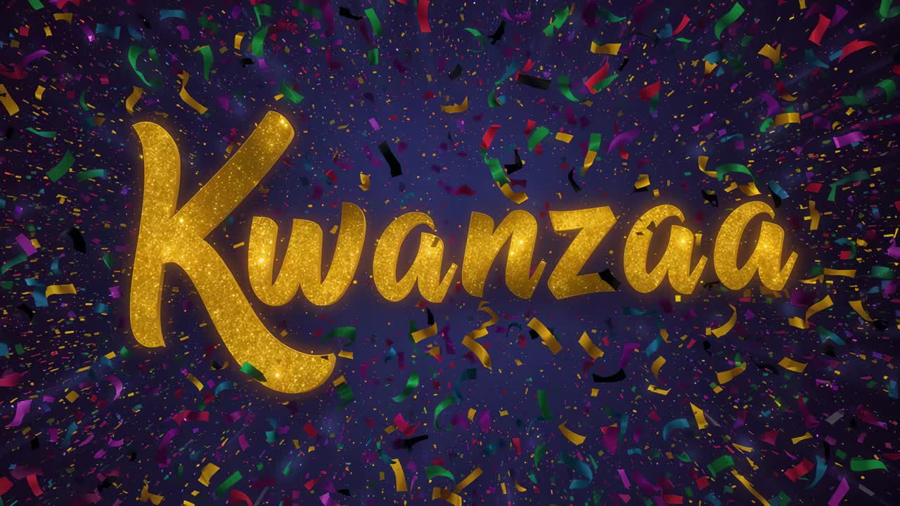 Animating gold-glitter Kwanzaa script shimmering on purple backdrop, confetti celebrating Kwanzaa