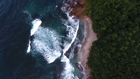 aerial drone shot over coast waves in martinique