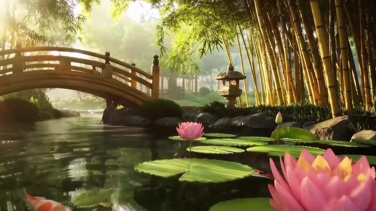 Giardino giapponese sereno con laghetto koi, fiori di loto e bambù