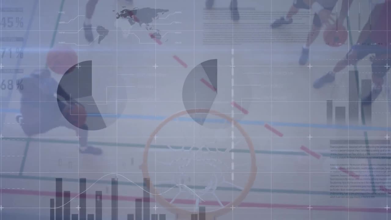 animación del procesamiento de datos financieros sobre un grupo diverso de jugadores de baloncesto masculinos en el gimnasio