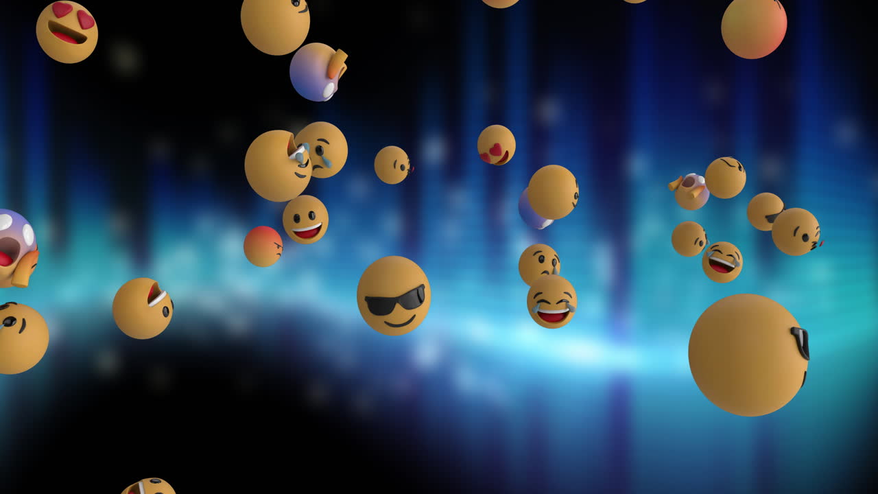 어두운 배경 위에 날아다니는 이모지 아이콘의 애니메이션