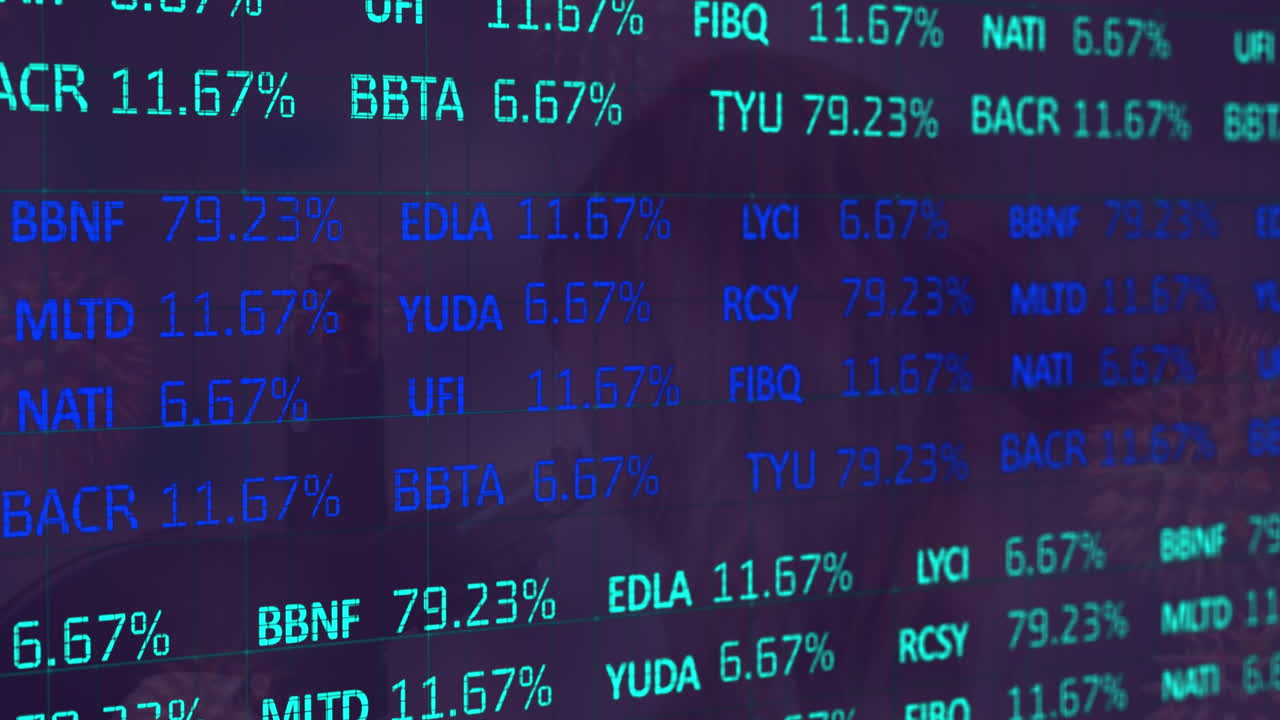 Animation of stock market data processing over covid-19 cells floating against blue background
