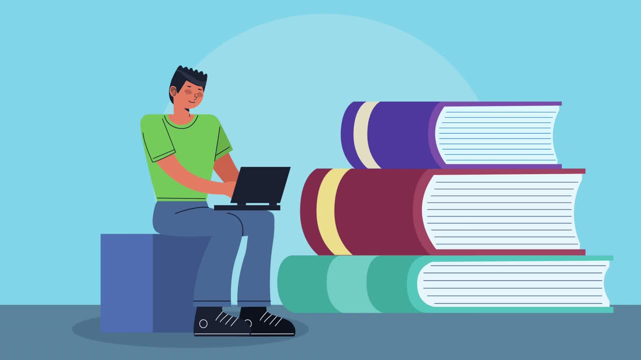 user with laptop device animation