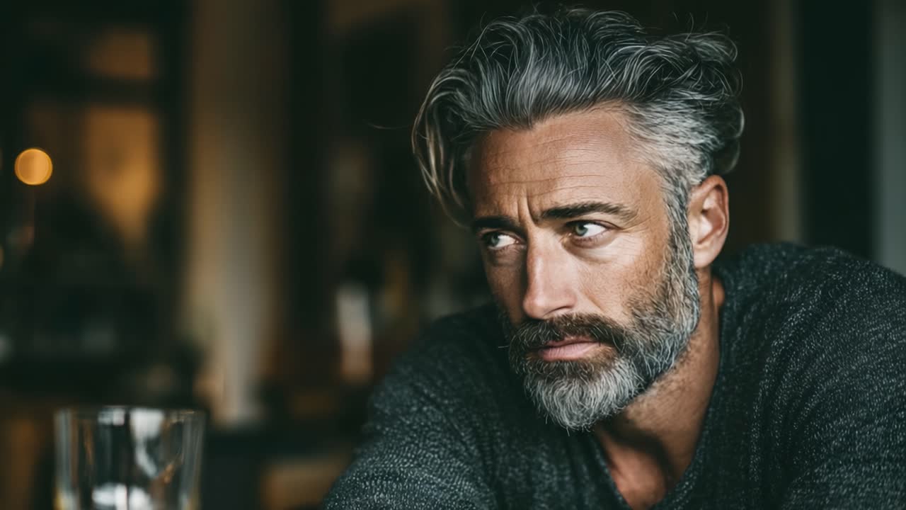 Uomo Contemplativo con Capelli Grigi e Barba Immerso in Profondi Pensieri in uno Spazio Accogliente e Poco Illuminato, che Cattura Momenti di Introspezione ed Emozione.