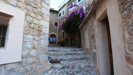 fornalutx street with bougainvillea flowers