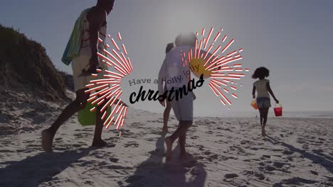 animation of have a holly jolly christmas over happy african american family walking on beach