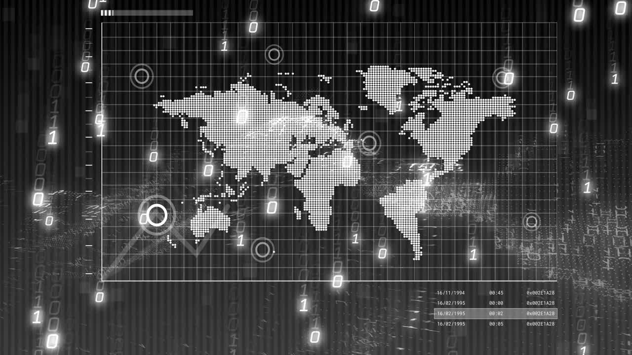 animación de procesamiento de datos y codificación binaria sobre el mapa del mundo