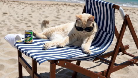 a cat enjoying the beach in a beach chair