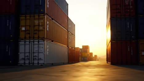 a stunning view of stacked shipping containers at sunset: capturing the geometry and color contrast of cargo transport in a vibrant industrial setting