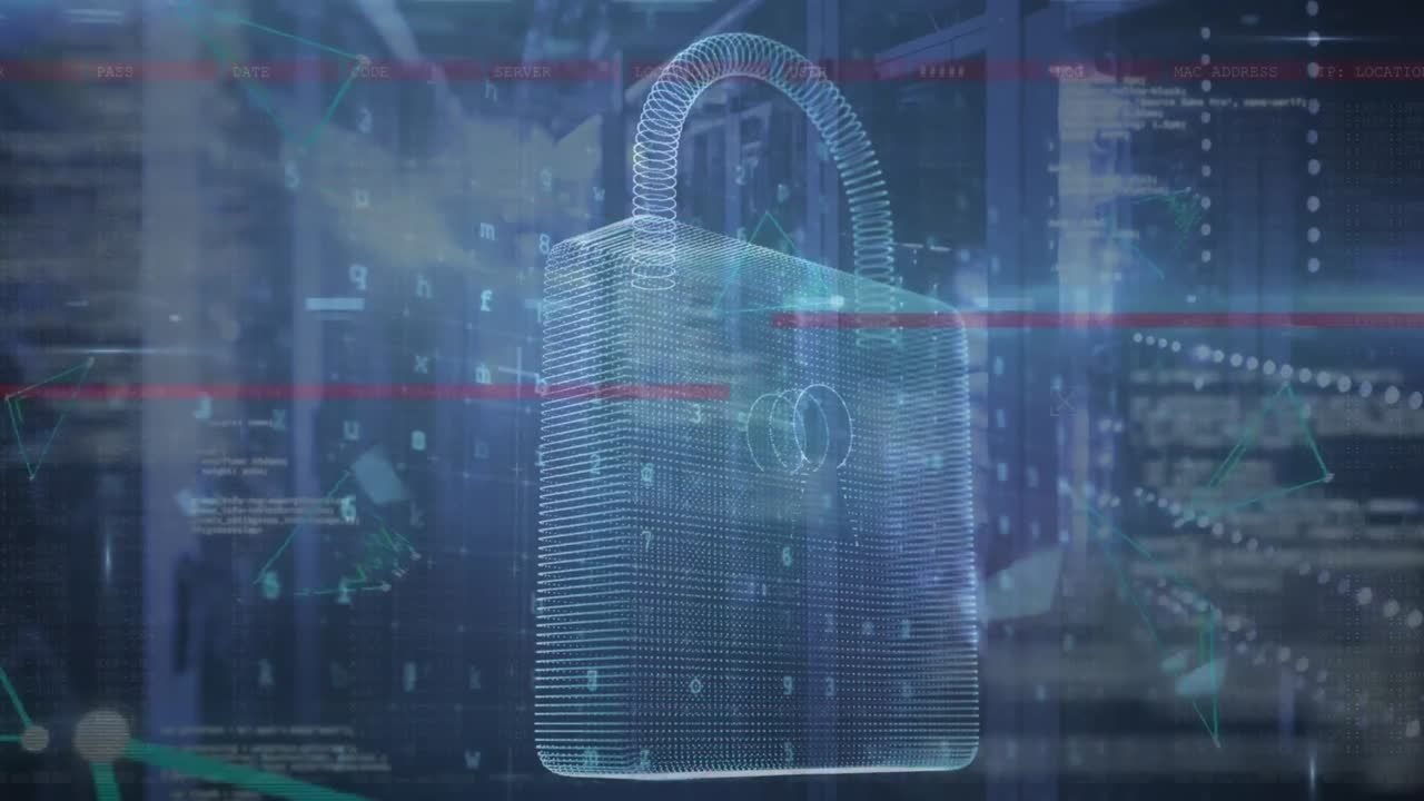 Animation of padlock and data processing over computer servers