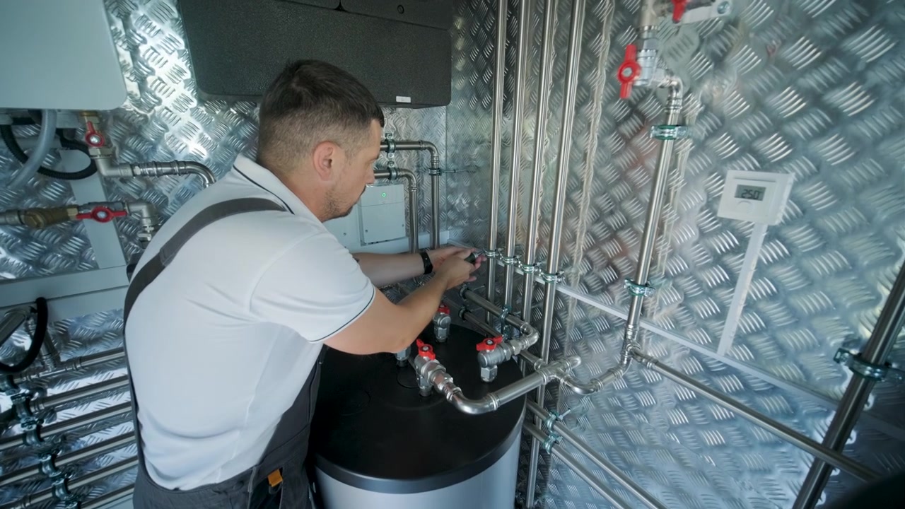 Technician Installing Heating System Pipes in Utility Room
