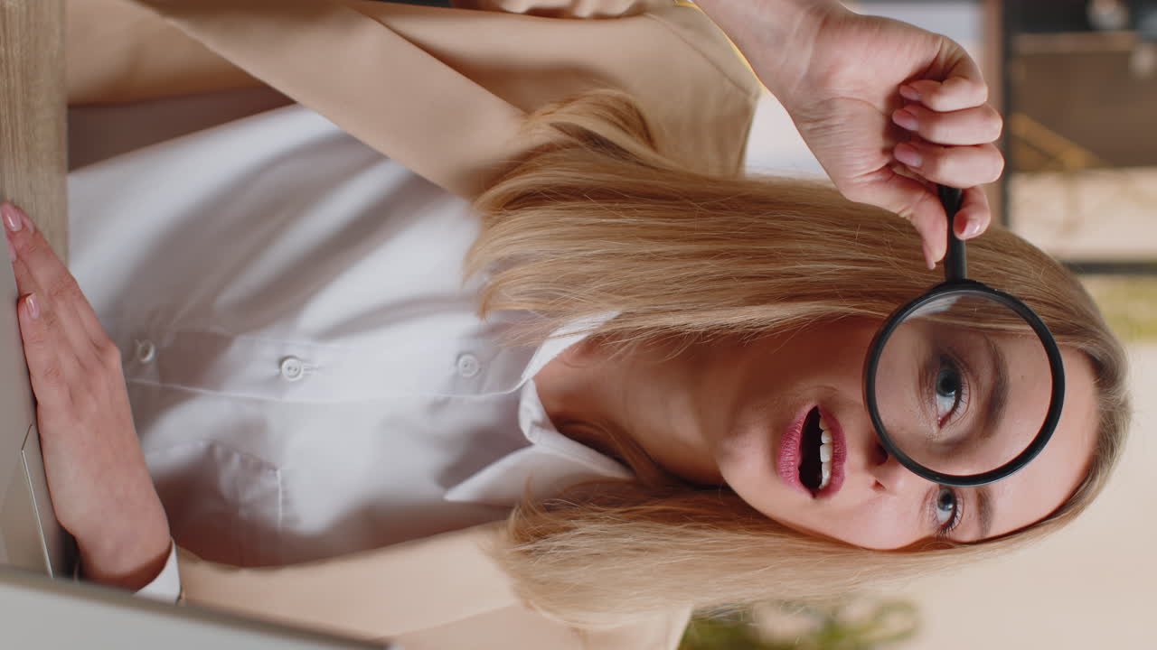 Business woman holding magnifying glass near face looking with big zoomed eye searching analysing