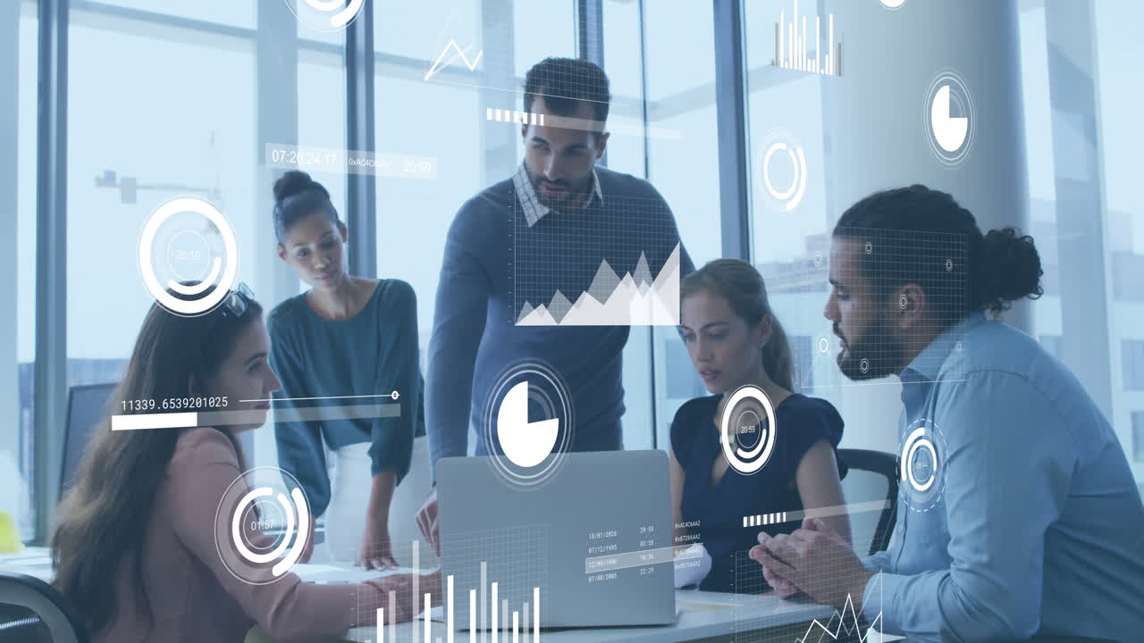 Animation of statistical data processing against team of diverse colleagues discussing at office