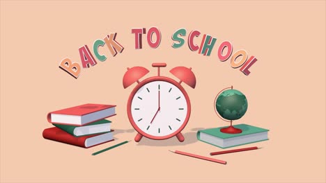 animation of alarm clock and school supplies, overlay video