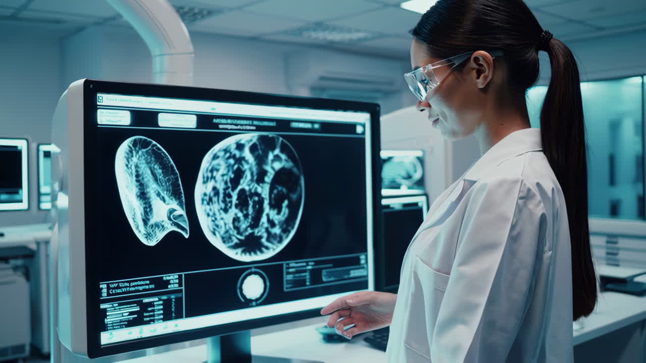 Professionista medico che esamina immagini mediche su un grande monitor