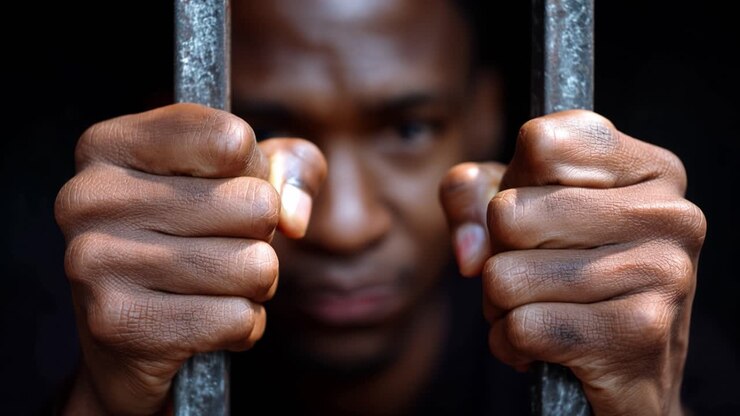 Dark bars frame a man's tense grip. His eyes show heavy distress and confinement. Fingers strain against rusted metal bars. He grips tightly, body hidden behind bars