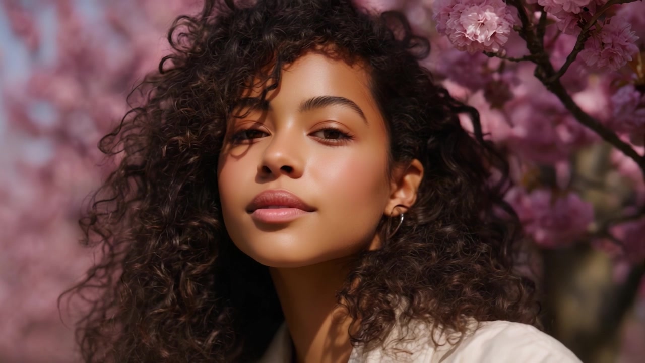 Captivating Portrait in Blooming Cherry Blossoms: A Young Woman with Beautiful Curly Hair and Radiant Skin Against a Stunning Pink Floral Background