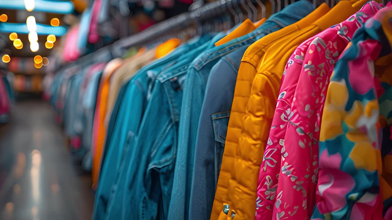A vibrant display of jackets and denim on a clothing rack in a store