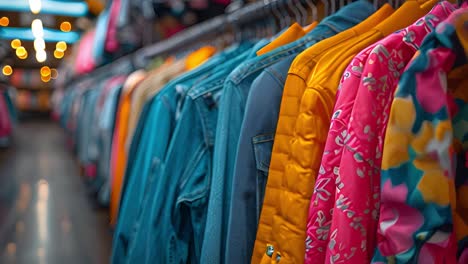a vibrant display of jackets and denim on a clothing rack in a store