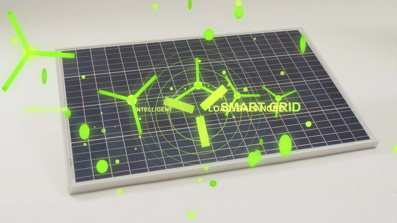 Icone animate di turbine verde neon, particelle che si innalzano sopra un pannello solare in studio, che mostrano SMART GRID