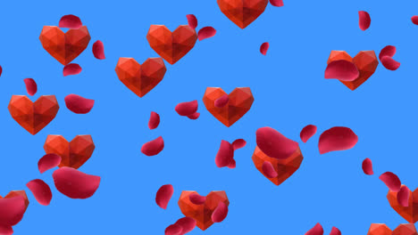 animación de pétalos y iconos de corazón en fondo azul