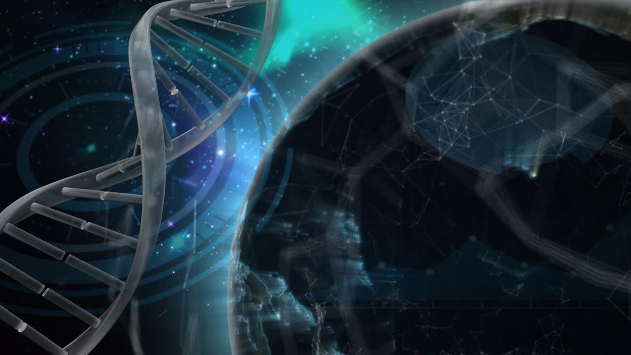 Animation of dna rotating over globe on black background