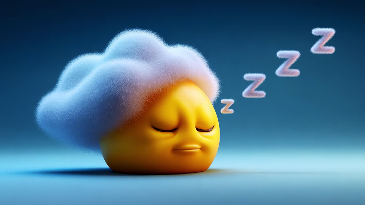 A playful character sleeps peacefully, adorned with a fluffy cloud-like hairstyle, emitting soft Z's, capturing the charm of daydreaming and relaxation in a serene environment