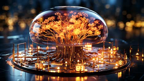 a glowing tree structure within a futuristic glass dome at night