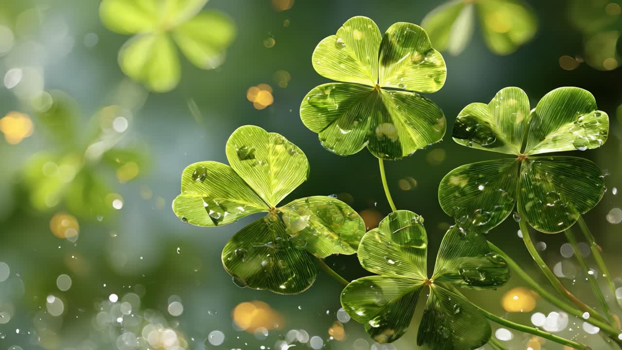 Un bellissimo primo piano di foglie di trifoglio verde bagnate dalla rugiada che luccicano nella luce soffusa, evocando un senso di tranquillità ed eleganza naturale in un ambiente lussureggiante.