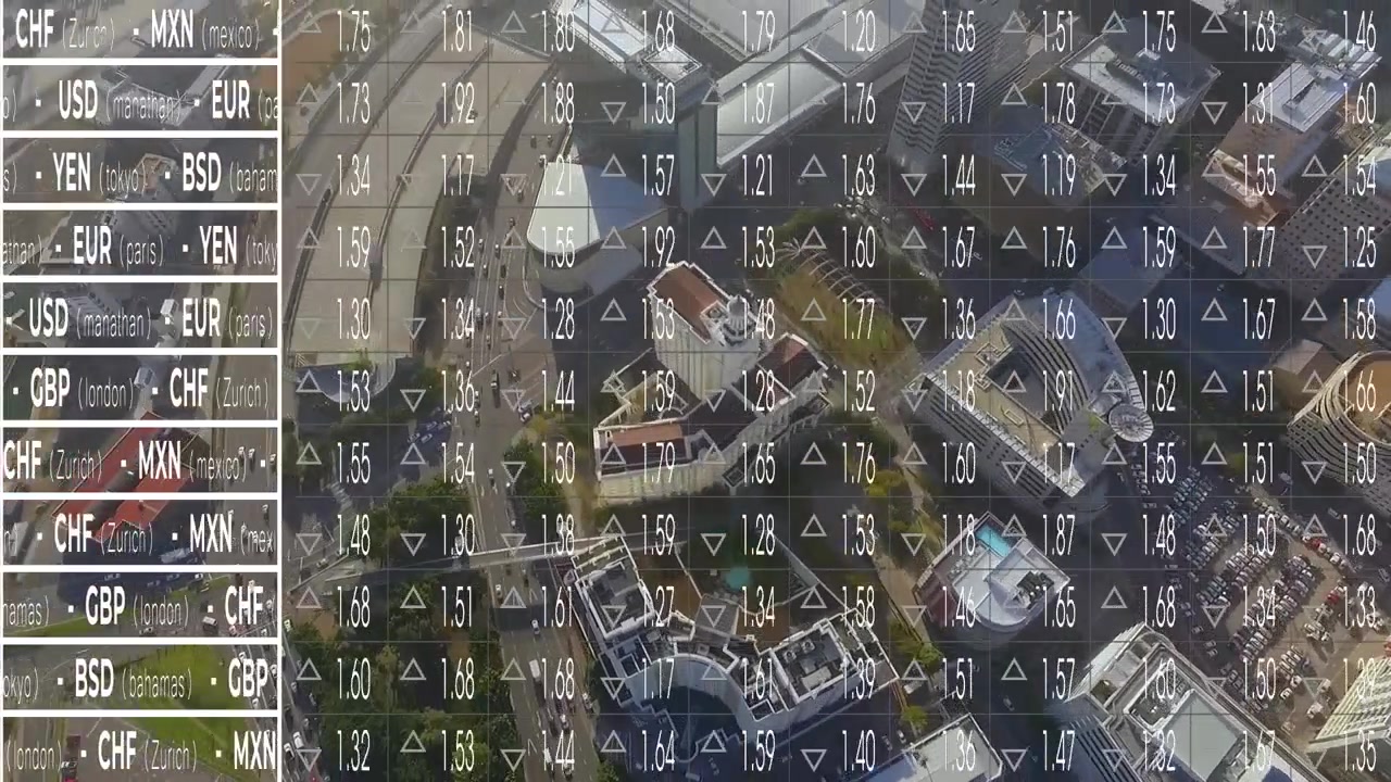 Animation of countries list with currency names, digits with up and down arrows, aerial view of city