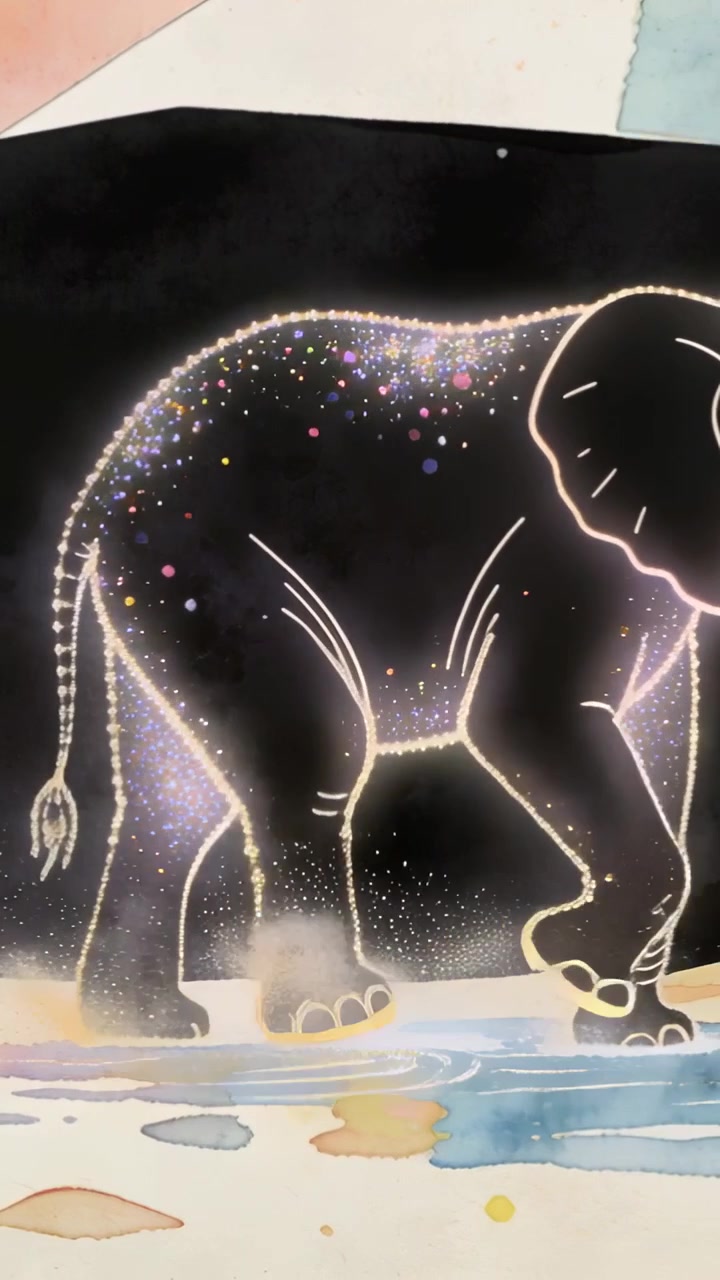 Vertical video: Advancing frames showing elephant walking across painted page with galaxy speckles
