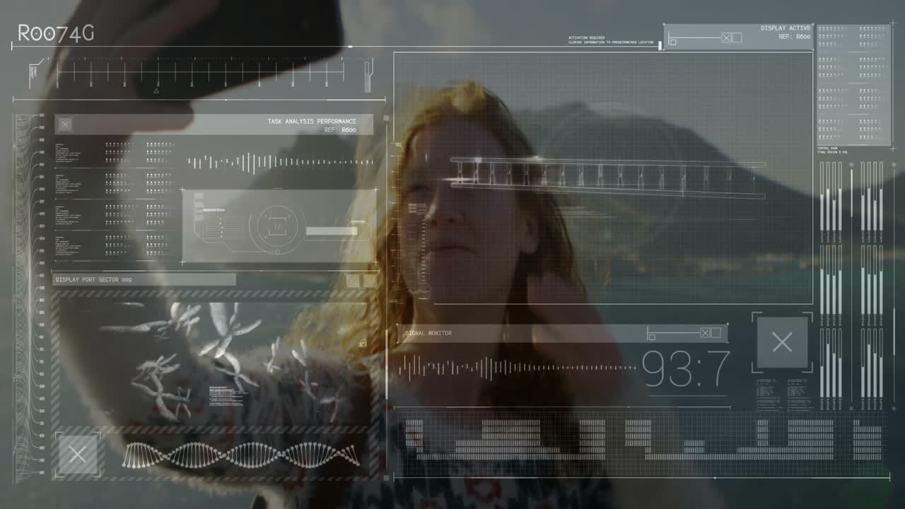 Woman taking selfie with digital DNA and data processing overlay animation