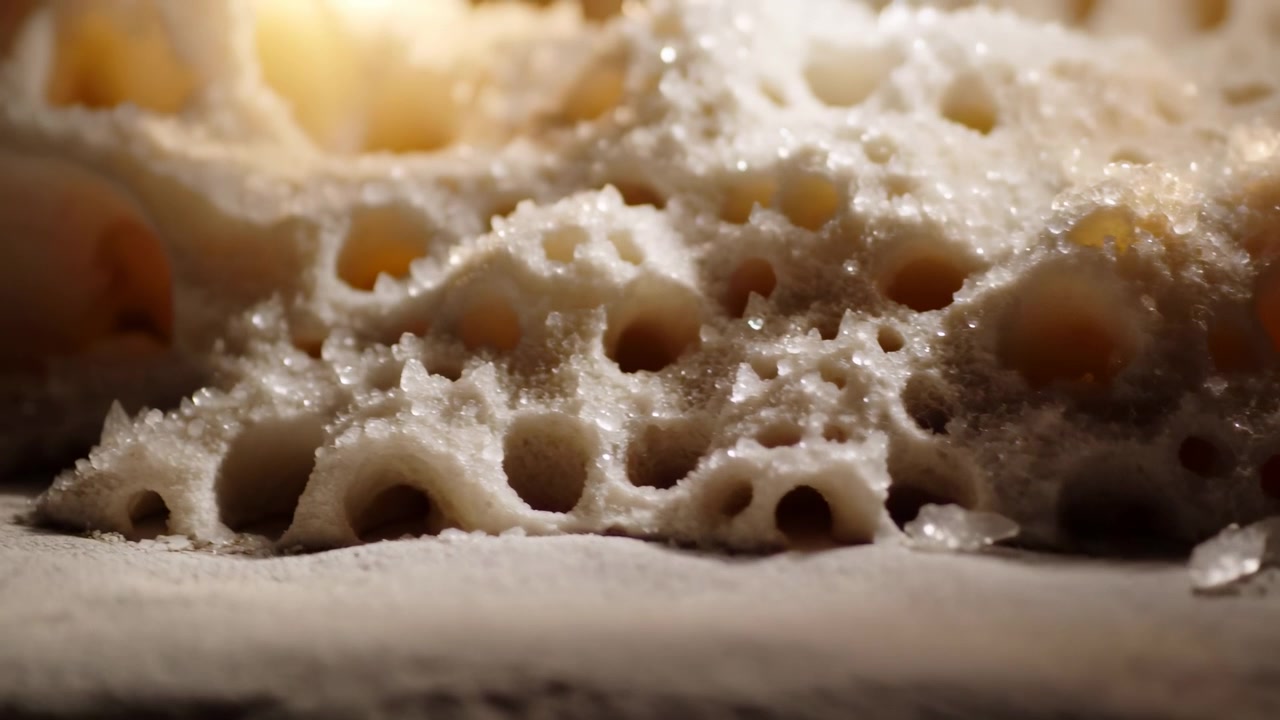 Un primo piano dettagliato di pane appena sfornato, che mostra la sua consistenza neutra e i suoi caldi toni marroni. Il pane è messo in risalto su uno sfondo pulito, enfatizzando la farina e il lievito utilizzati.