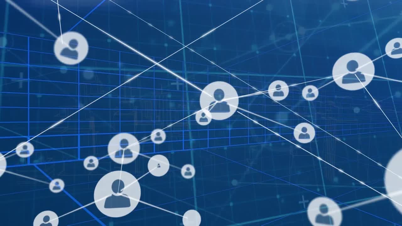 animación de la red de iconos de perfil sobre el túnel en un patrón sin costuras contra un fondo azul