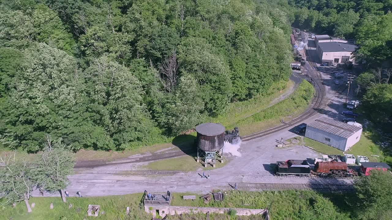 A Shay steam locomotive generates steam as it travels along a track near a wooded area. Surrounding the scene are trees and a collection of railway structures, creating a nostalgic atmosphere.
