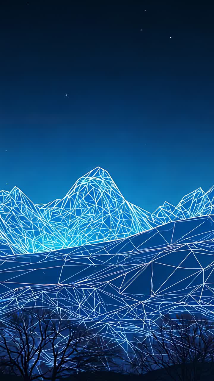 Vertical video: Panning camera revealing blue wireframe peaks with bare trees, showing central peak