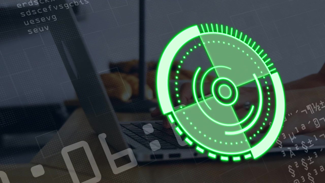 HUD appearing right, hands moving and typing keys, timer rising, rings rotating indicating scan