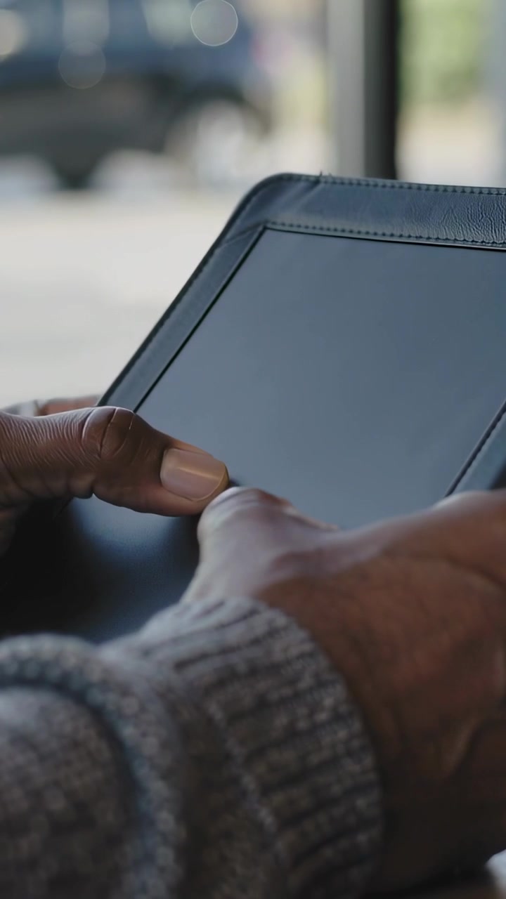 Vertikální video: Mužské ruce v šedém svetru klepající na tmavý tablet u kavárenského stolku, s pouzdrem