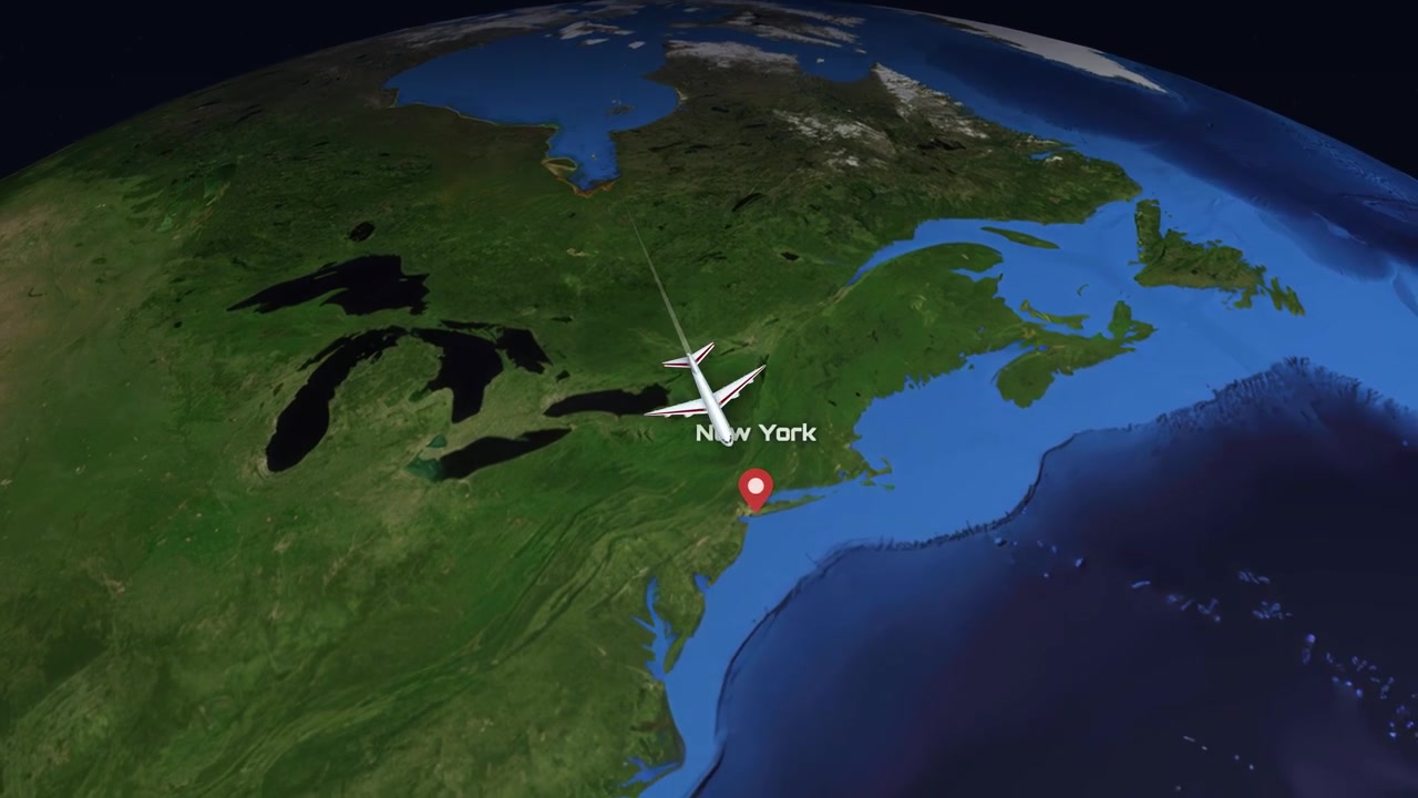 3D globe animation tracks a commercial airplane flying from Seoul to New York City